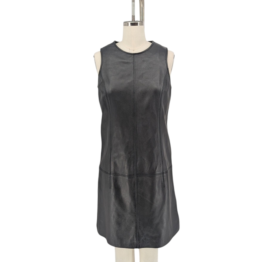 00907 Black Rivet Shift Leather Dress Black size 6 punk moto western biker